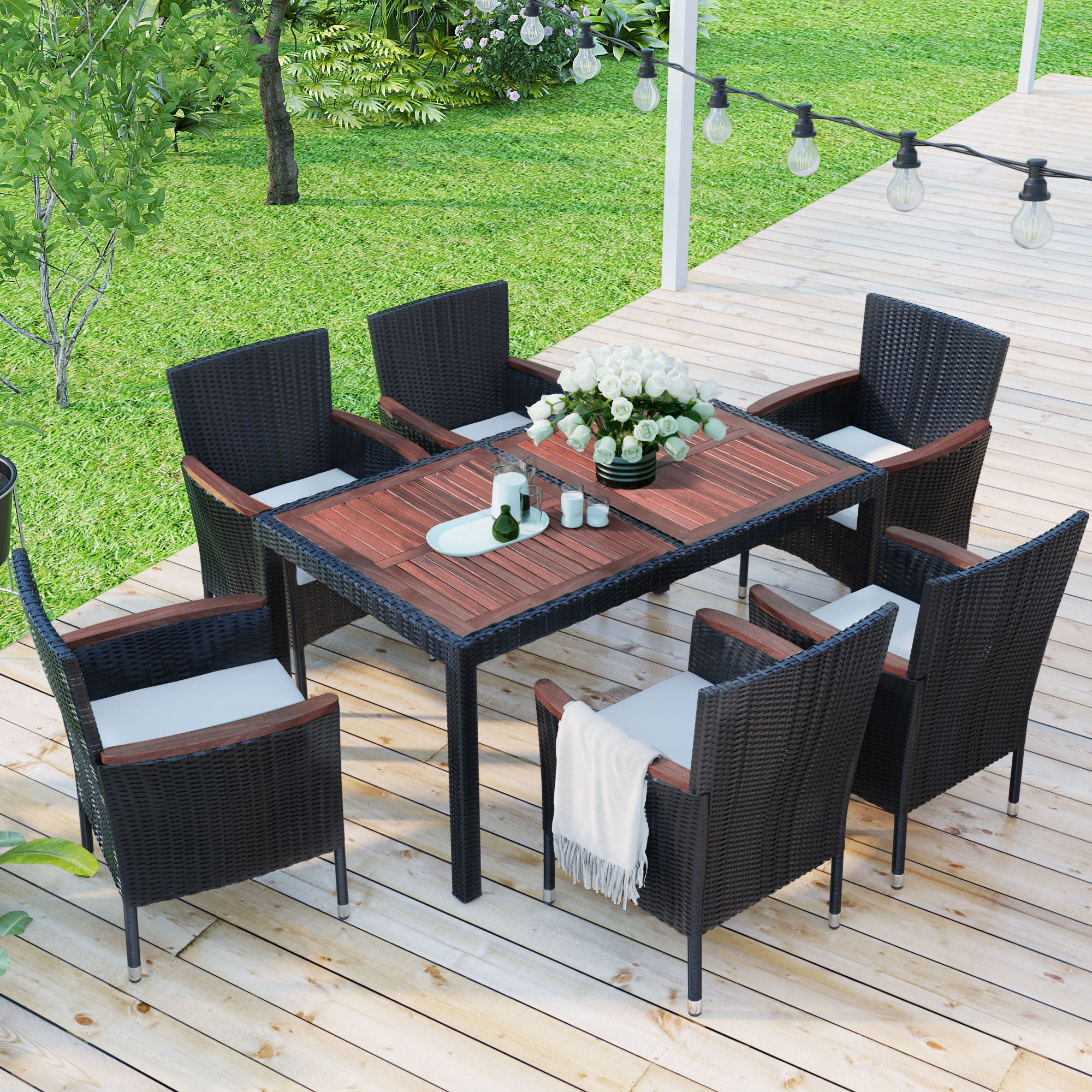 7-Piece Patio Dining Set, Garden Wicker Dining Table and Chairs Set, Acacia Wood Tabletop, Stackable Armrest Chairs with Cushions, Reddish-brown