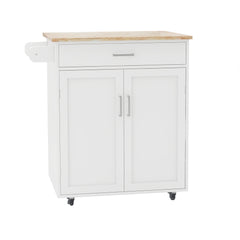 Kitchen Island Rolling Trolley Cart with Towel Rack & Rubber Wood Table Top, White
