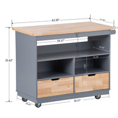 Rolling Mobile Kitchen Island with Solid Wood Top, 2 Drawers & Tableware Cabinet, Grey Blue