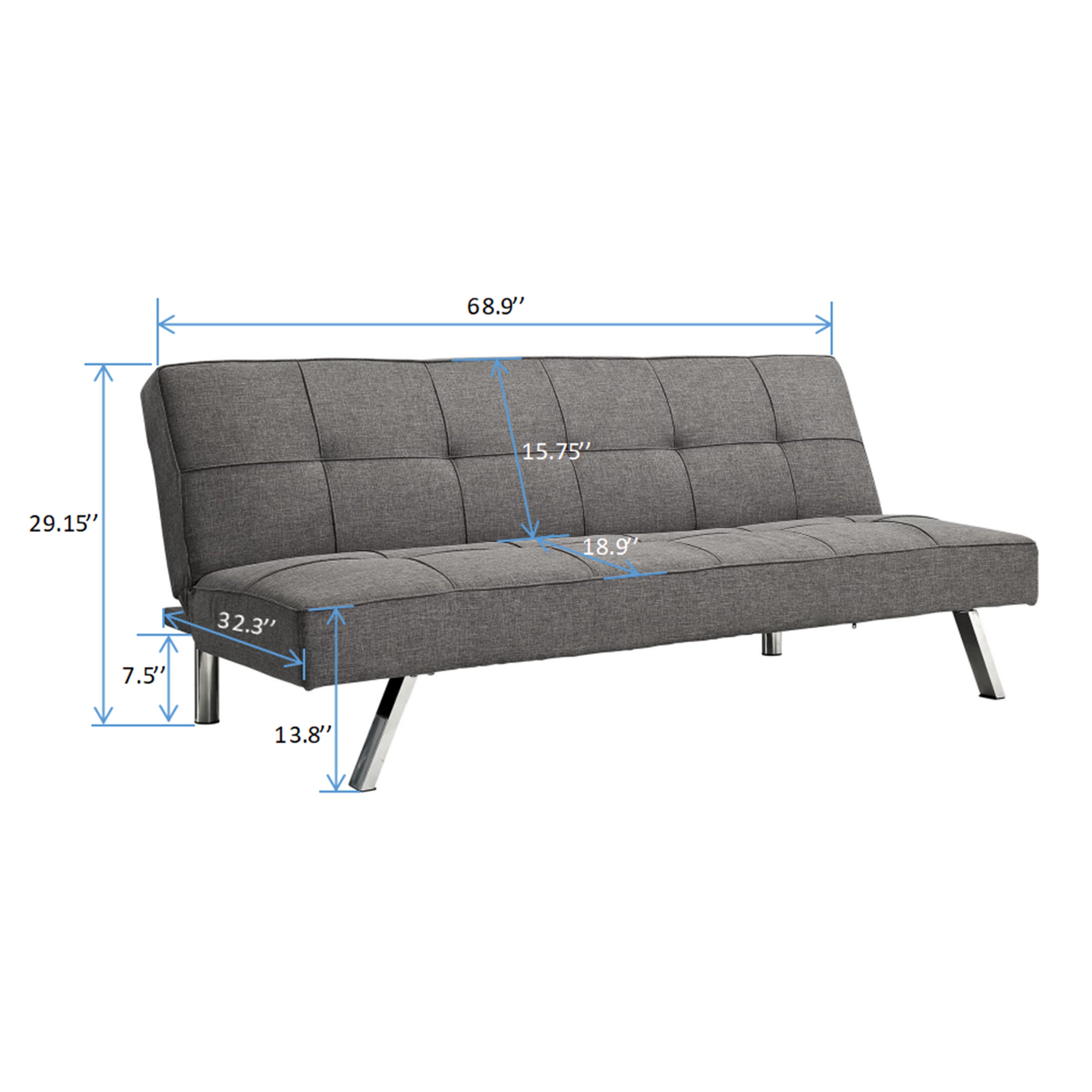 Futon Sofa Bed with Reclining Backrest and Stainless Legs, Grey