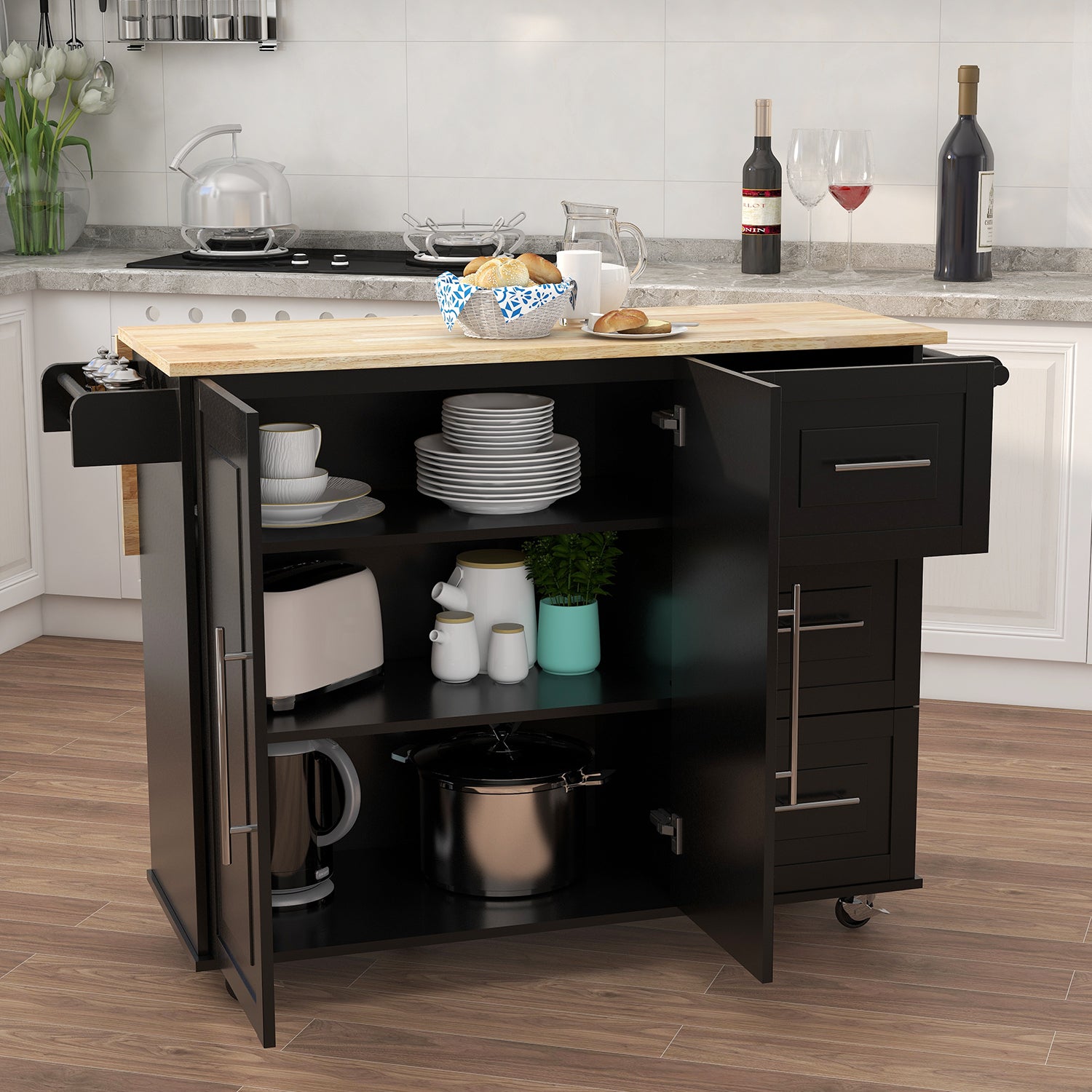 Kitchen Island with Spice Rack, Towel Rack & Extensible Solid Wood Table Top (Black)