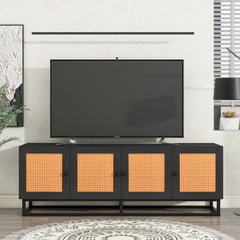 Wooden Farmhouse TV Stand Entertainment Cabinet with 4 Textured Rattan Doors & 2 Adjustable Panels for TVs up to 65 Inch, Espresso