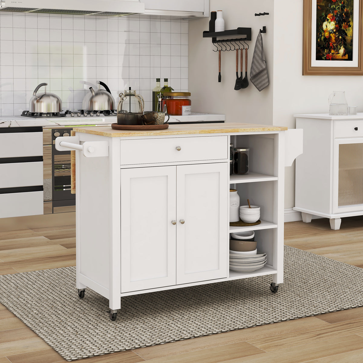 Kitchen Island with Lockable Wheels, Towel Rack, Storage Drawer & 3 Open Shelves, White