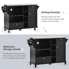 Kitchen Island Cart with Storage Cabinet & Two Locking Wheels, Solid Wood Desktop, Microwave Cabinet, Black