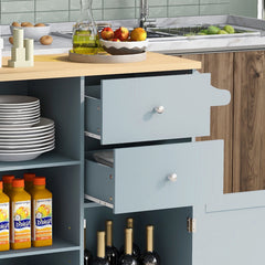 Kitchen Cart on 4 Wheels with 2 Drawers, 3 Open Shelves & Rubber Wood Top for Dinning Room, Grey Blue