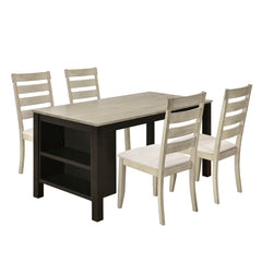 Farmhouse Wood 5-Piece Dining Table Set with 2-Tier Storage Shelves & 4 Padded Dining Chairs, Beige
