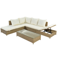 3-Piece Patio Rattan Sofa Set with Adjustable Chaise Lounge and Tempered Glass Table, Natural Brown+ Beige Cushion