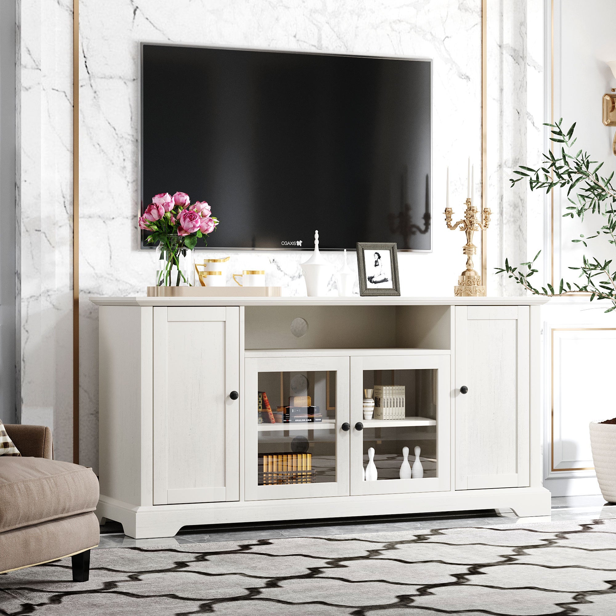 TV Stand with 2 Tempered Glass Doors, Adjustable Panels, Open Style Cabinet & Sideboard for TVs up to 65", White