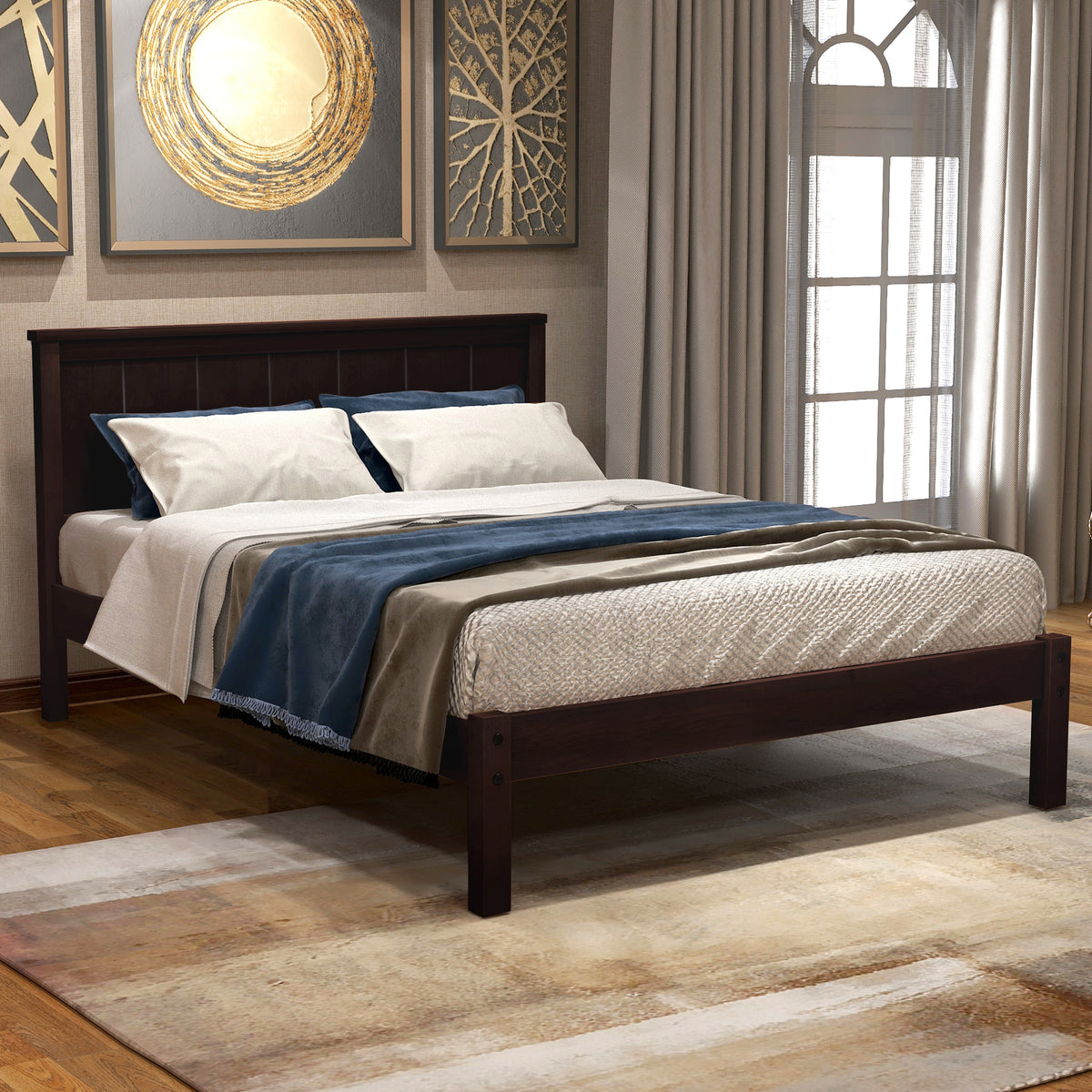 Twin Size Wood Bed Frame with Headboard, Espresso