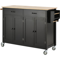 54.3" Kitchen Island Cart with Solid Wood Top, Locking Wheels, 4 Door Cabinets, Two Drawers, Spice Rack & Towel Rack, Black