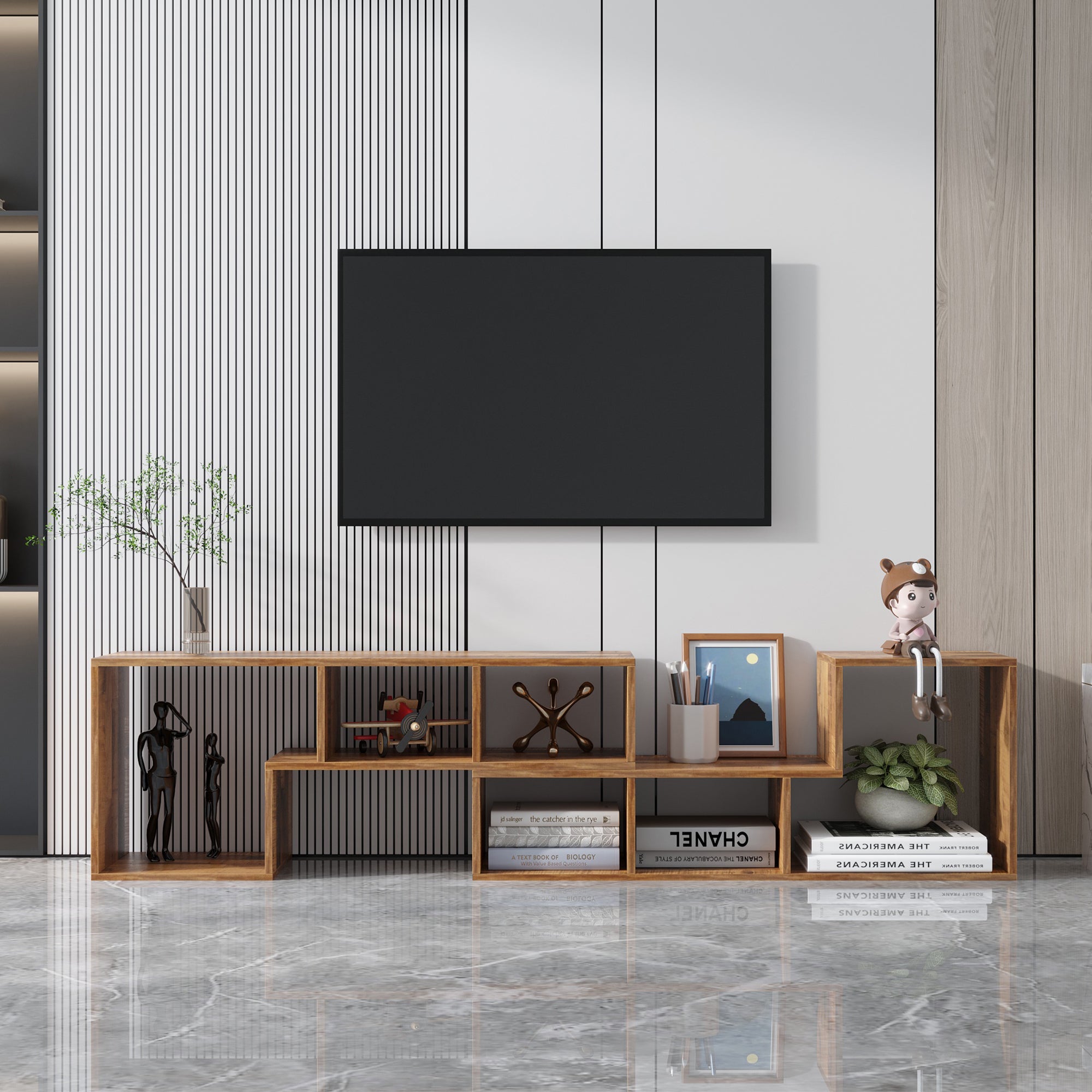 Double L-Shaped TV Stand with Display Shelf & Bookcase, Oak