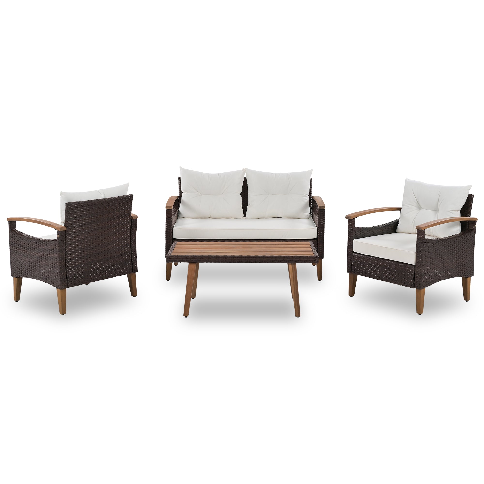 4-Piece PE Rattan Outdoor Sofa Chair Set with Wood Table and Legs
