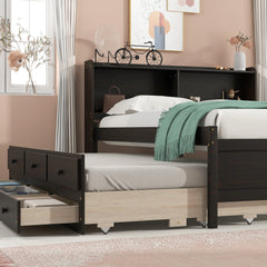 Full Bed with Bookcase,Twin Trundle with Drawers, Espresso