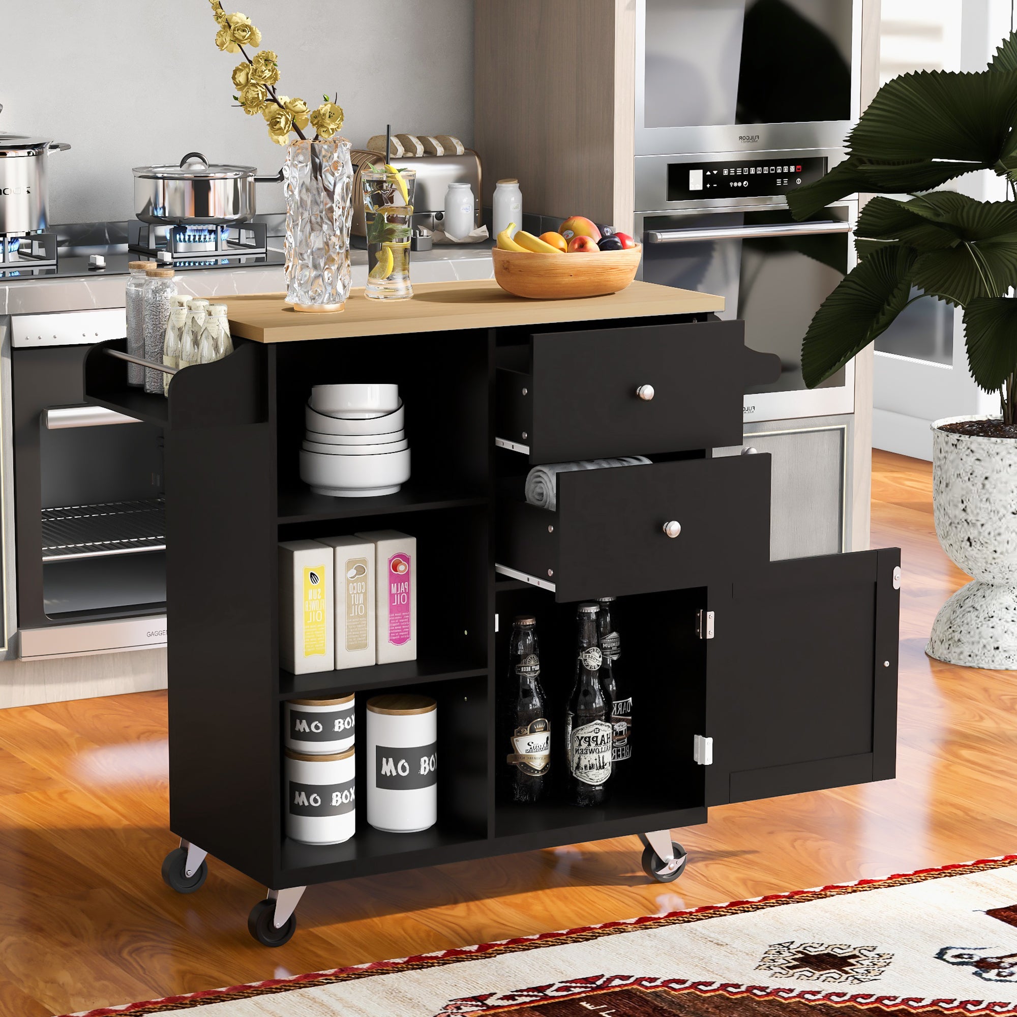 Kitchen Cart on 4 Wheels with 2 Drawers, 3 Open Shelves & Rubber Wood Top for Dinning Room, Black