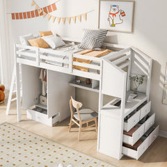 Twin Size Loft Bed with Wardrobe and Drawers, attached Desk with Shelves, White