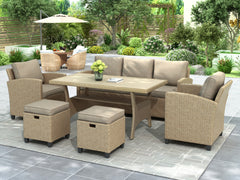 6 Piece Outdoor Rattan Dining Set with Table, Chair, Ottomans