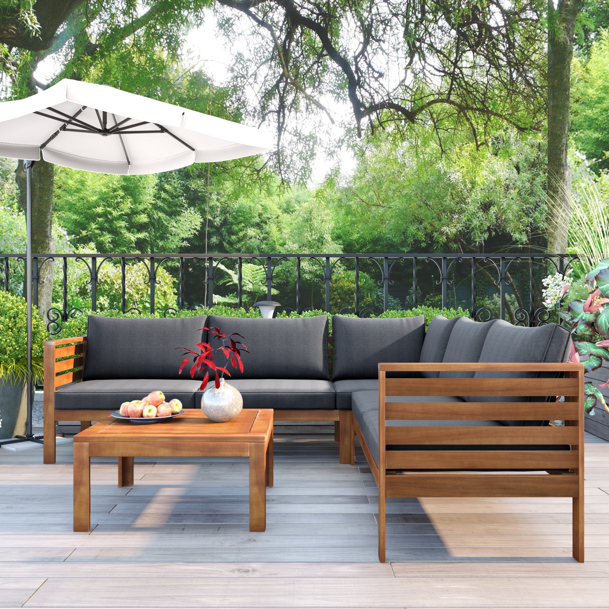 Outdoor Wood Sofa Set with Gray Cushions, Water-Resistant & UV Protected Texture, Coffee Table