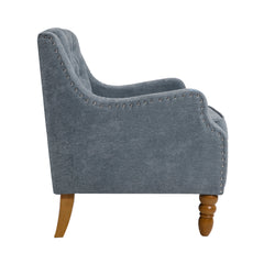 NOBLEMOOD Accent Chair with Vintage Brass Studs and Wood Legs, Button Tufted Upholstered Armchair, Gray