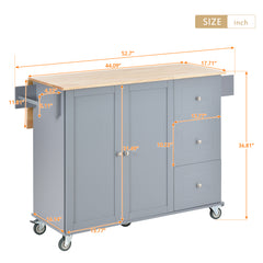 52.7" Rolling Mobile Kitchen Island with Solid Wood Top, Locking Wheels, Storage Cabinet, Drop Leaf Breakfast Bar, Spice Rack, Towel Rack & Drawer, Grey Blue