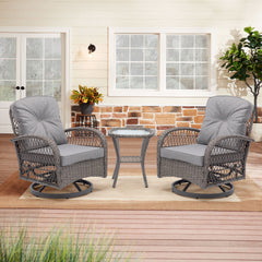 3 Pcs Outdoor Wicker Swivel Chair Set With Coffee Table and Gray Cushions