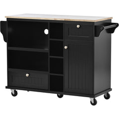 Kitchen Island Cart with Storage Cabinet & Two Locking Wheels, Solid Wood Desktop, Microwave Cabinet, Black