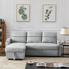 Linen Sofa Couch with Chaise Lounge & Pull-out Storage Bin, Light gray