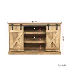Farmhouse TV Stand with Sliding Barn Doors &  Flat Screen for 60 Inch TV, Oak