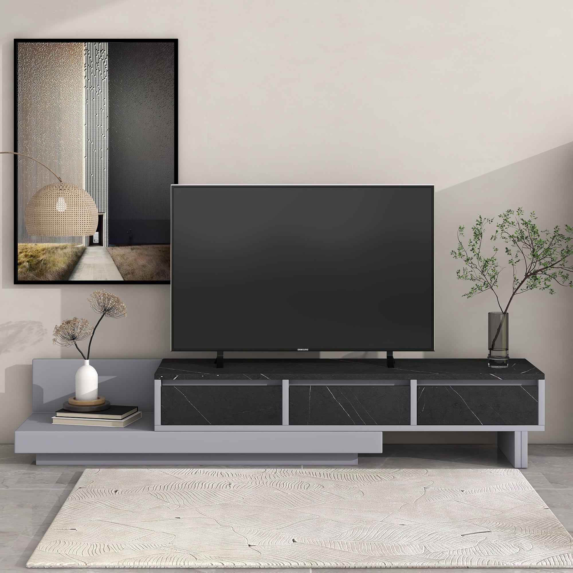 TV Stand with 3 Drawers & Open Storage Compartments, Black