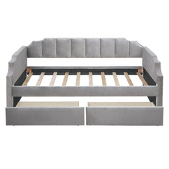 NOBLEMOOD Twin Size Upholstered Daybed with Two Storage Drawers for Kids Bedroom,Solid Wooden Bedframe w/Strong Wood Slat Support & Safety Guardrails, Gray