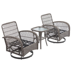 3 Pcs Outdoor Wicker Swivel Chair Set With Coffee Table and Gray Cushions