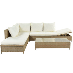 3-Piece Patio Rattan Sofa Set with Adjustable Chaise Lounge and Tempered Glass Table, Natural Brown+ Beige Cushion