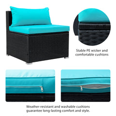 9-piece Outdoor Wicker conversation Sectional Sofa Sets with 2 Ottomans, 1 Glass Coffee Table, Removable Soft Cushions (Black Wicker, Blue Cushion)