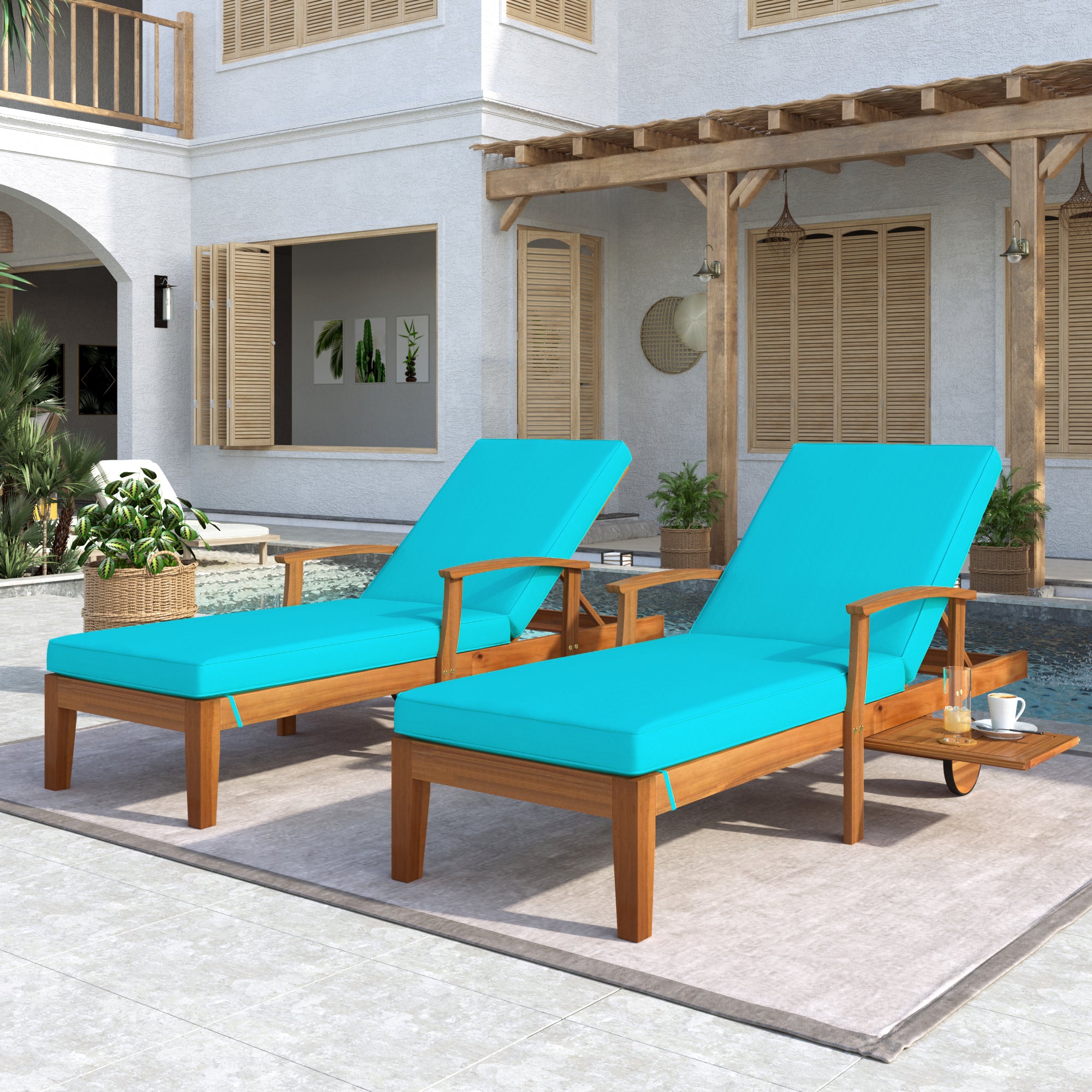 2 Pcs Outdoor Solid Wood Chaise Lounge 78.8" Patio Reclining Daybed with Cushion, Wheels and Sliding Cup Table & Bule Cushion