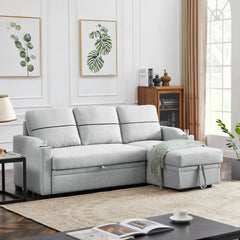 Linen Sofa Couch with Chaise Lounge & Pull-out Storage Bin, Light gray