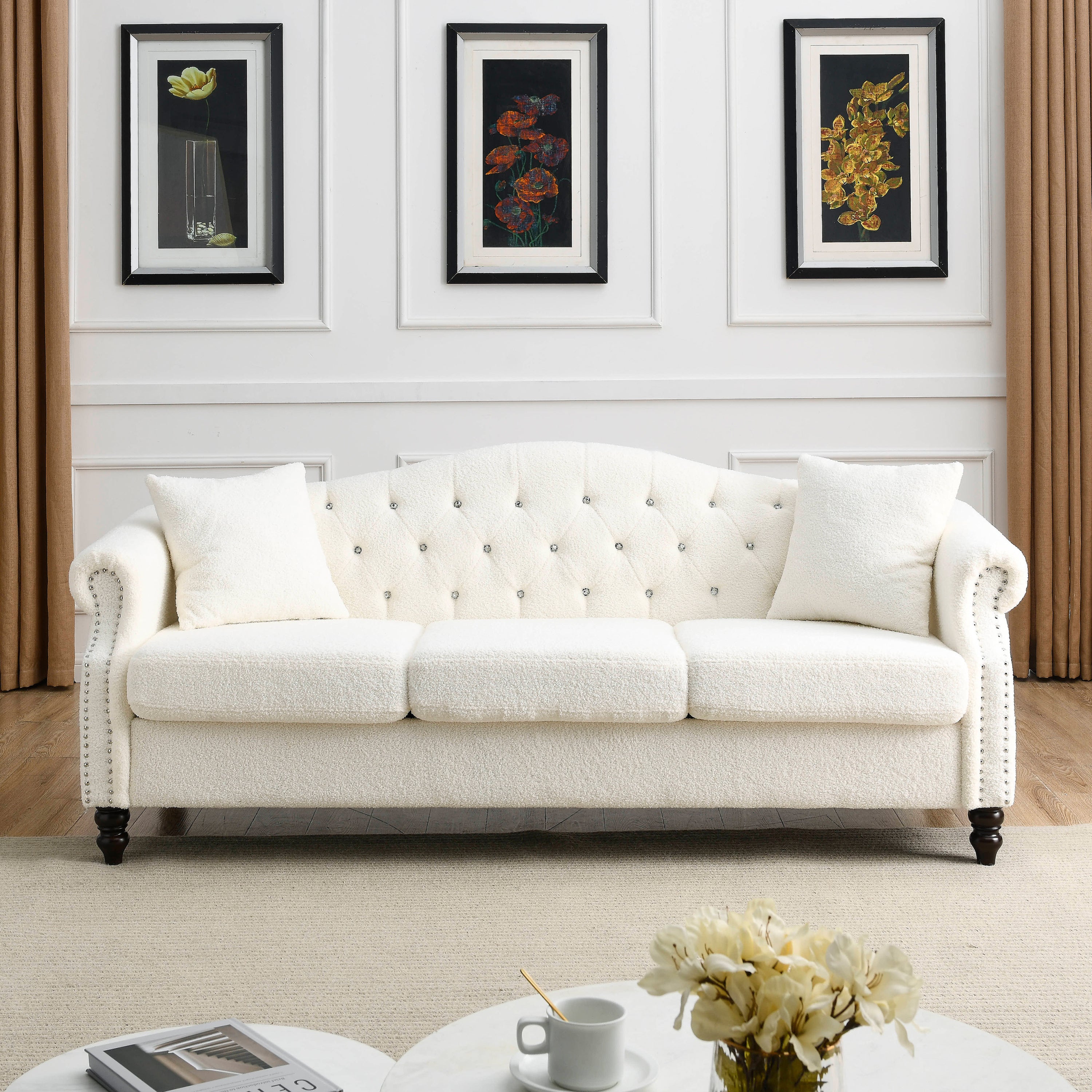 3-Seater Sofa Tufted Couch with Rolled Arms and Nailhead