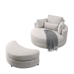 Swivel Accent Barrel Modern Sofa Lounge Club Big Round Chair with Storage Ottoman, Pillows, Beige