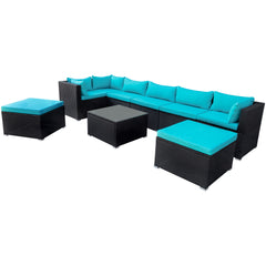 9-piece Outdoor Wicker conversation Sectional Sofa Sets with 2 Ottomans, 1 Glass Coffee Table, Removable Soft Cushions (Black Wicker, Blue Cushion)