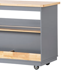 Rolling Mobile Kitchen Island with Solid Wood Top, 2 Drawers & Tableware Cabinet, Grey Blue