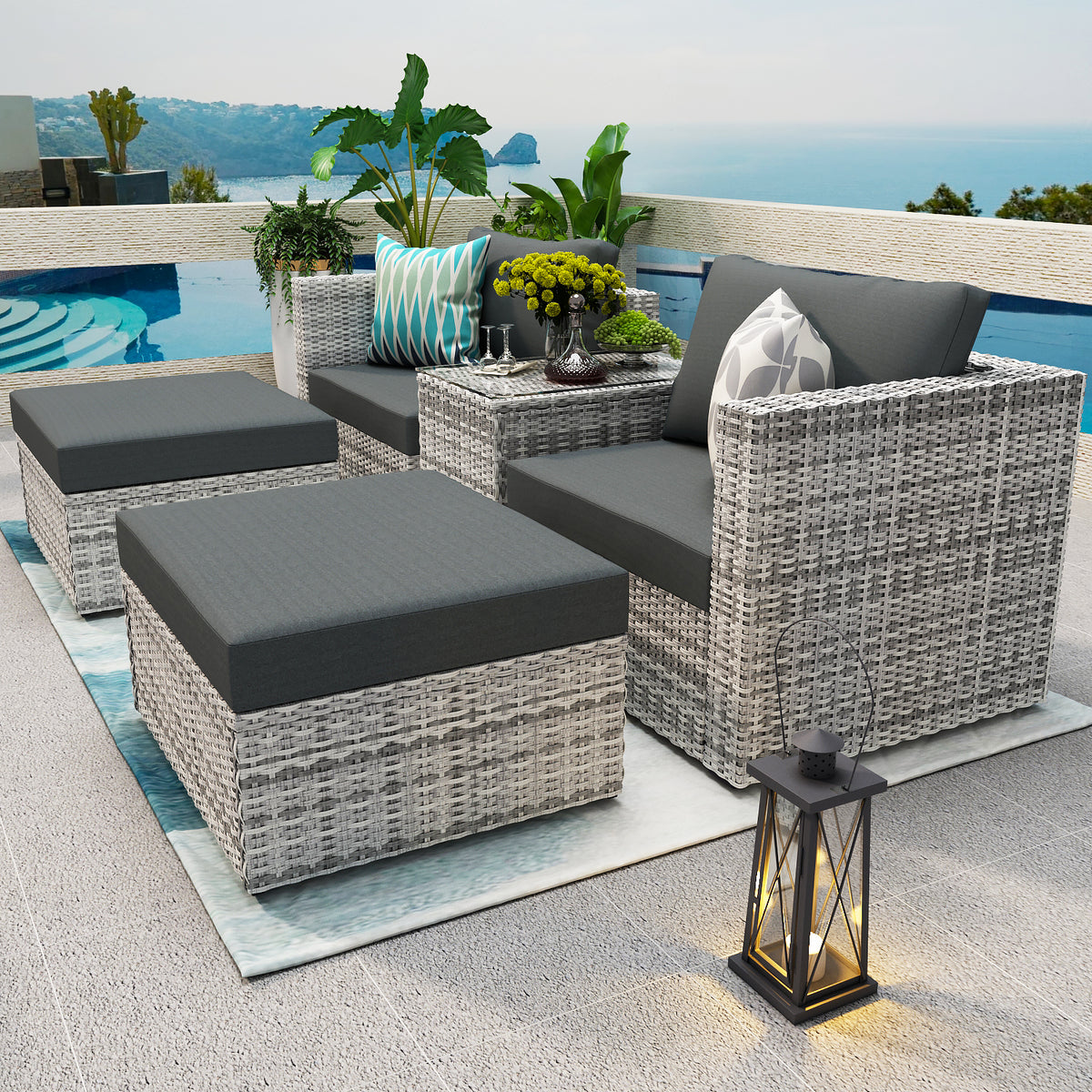 5 Pieces Patio Wicker Sofa Chair Set with Protecting Cover