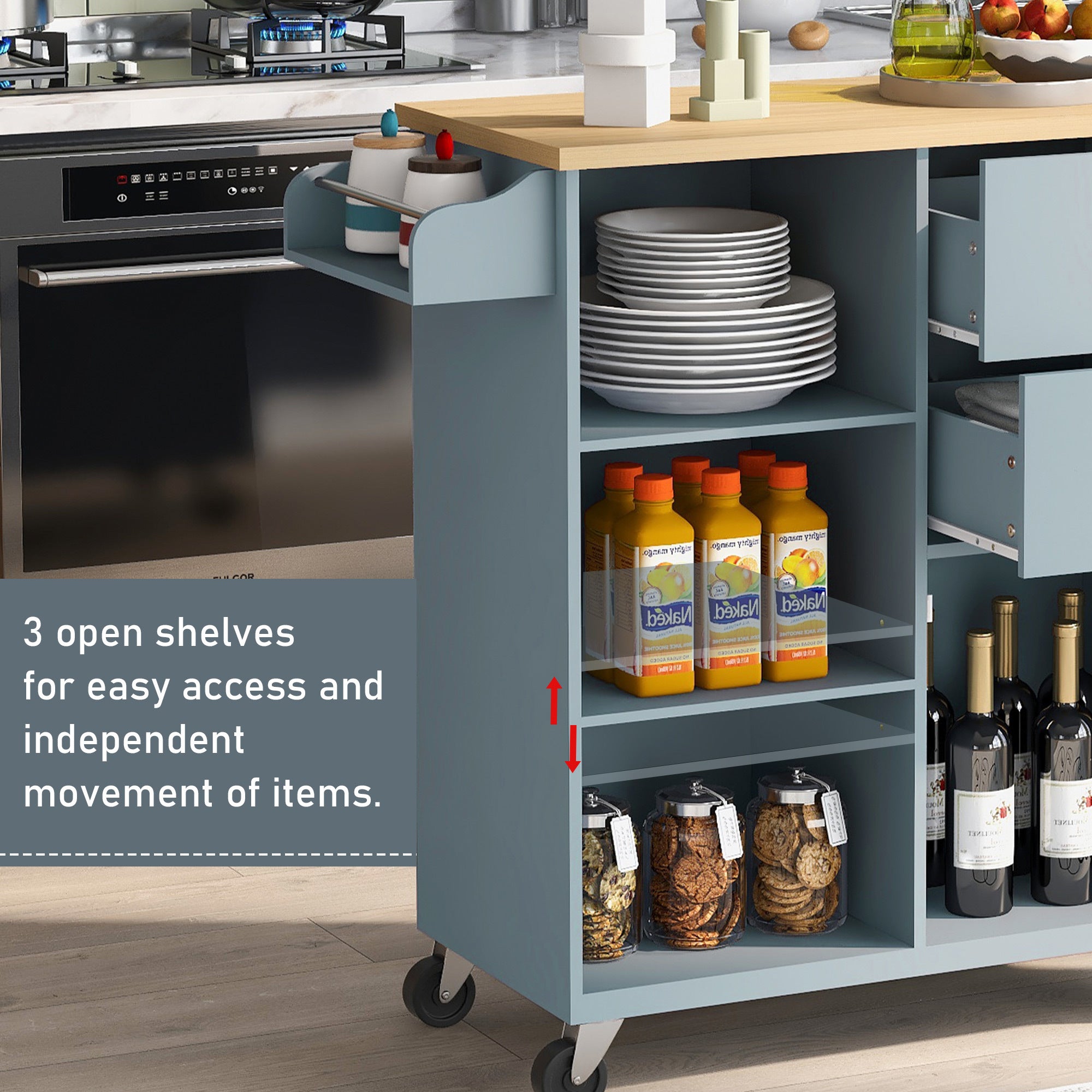 Kitchen Cart on 4 Wheels with 2 Drawers, 3 Open Shelves & Rubber Wood Top for Dinning Room, Grey Blue