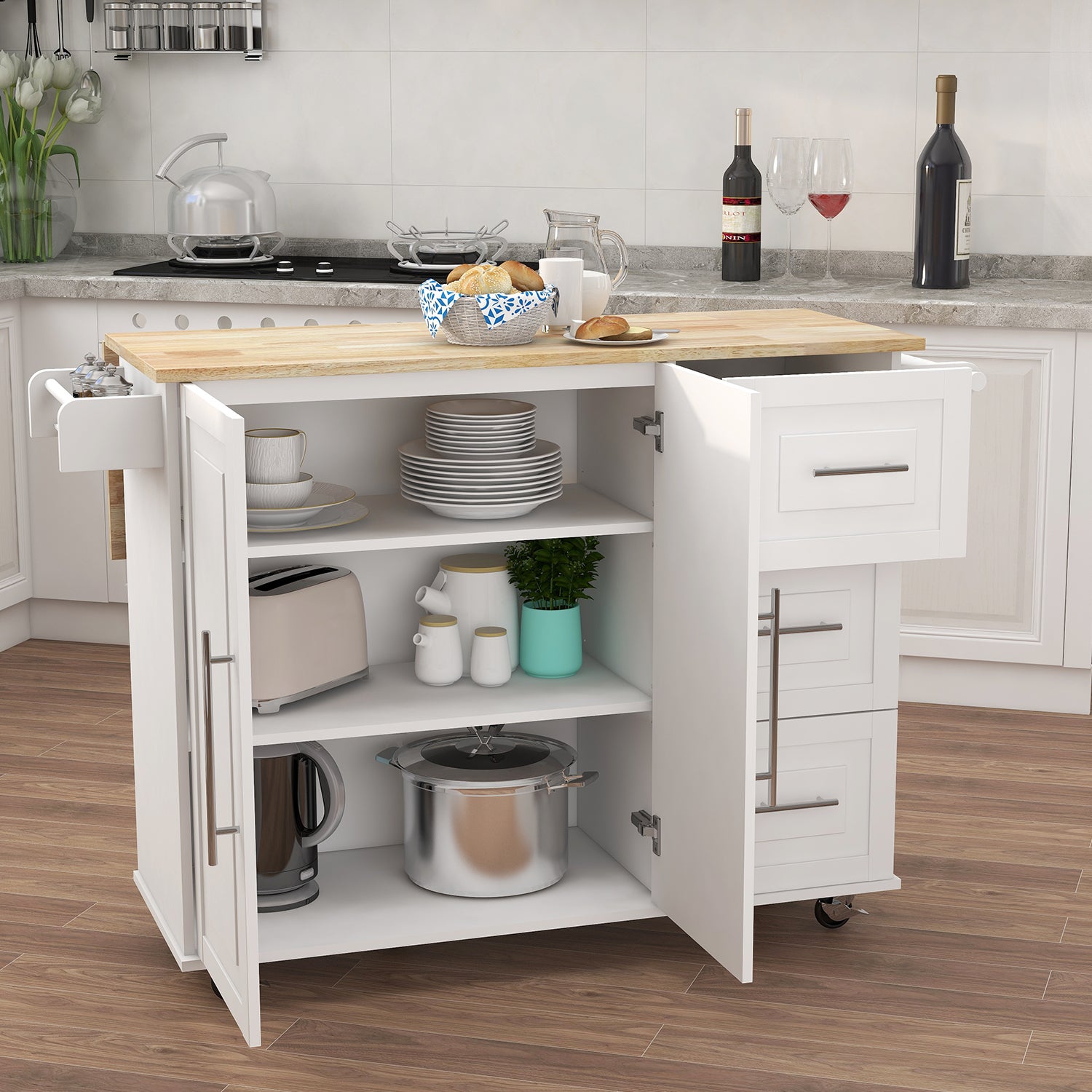 Kitchen Island with Spice Rack, Towel Rack & Extensible Solid Wood Table Top (White)