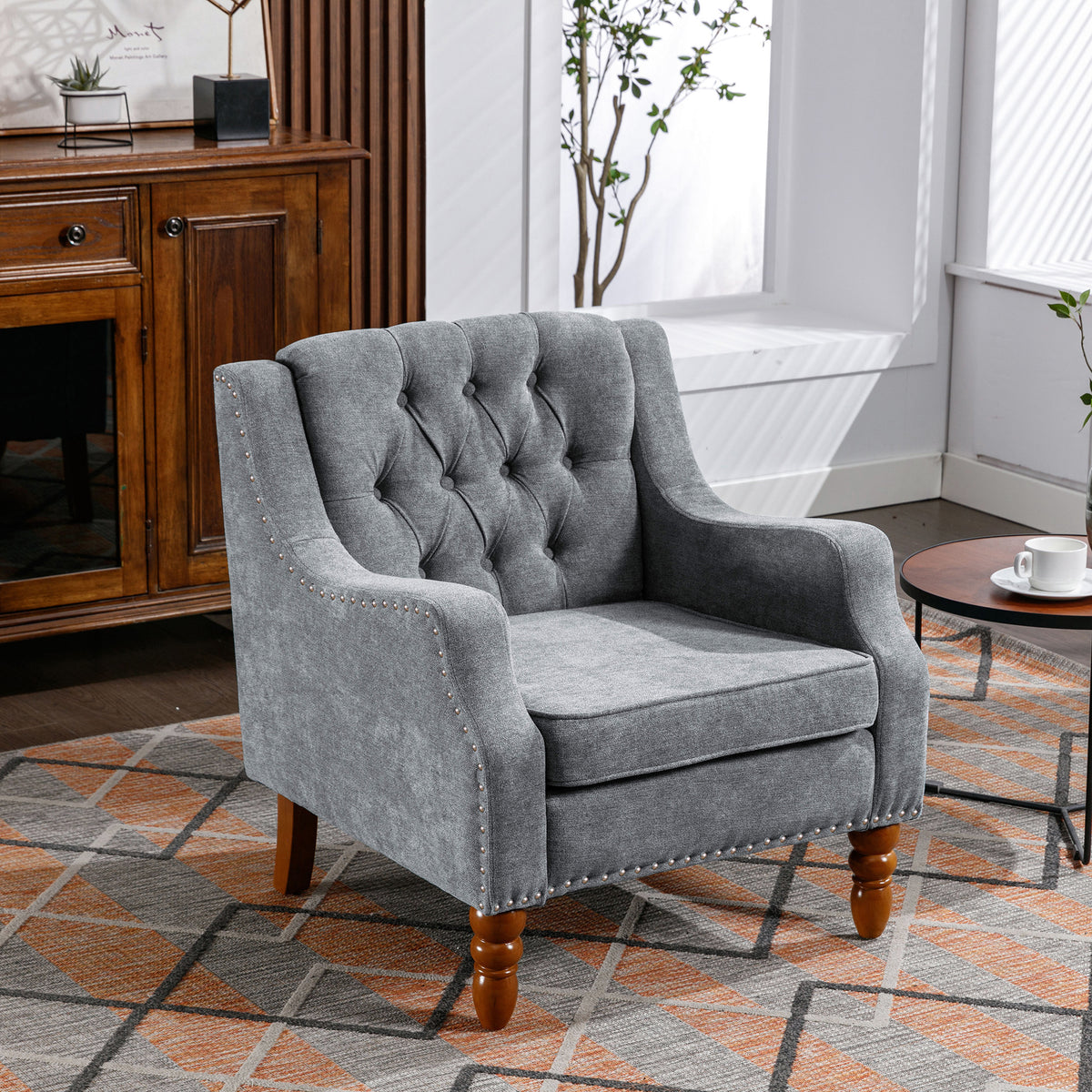 NOBLEMOOD Accent Chair with Vintage Brass Studs and Wood Legs, Button Tufted Upholstered Armchair, Gray