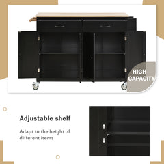 54.3" Kitchen Island Cart with Solid Wood Top, Locking Wheels, 4 Door Cabinets, Two Drawers, Spice Rack & Towel Rack, Black