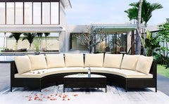 5 Pieces All-Weather Brown PE Rattan Sofa Half-Moon Sofa Set with Tempered Glass Table, Beige