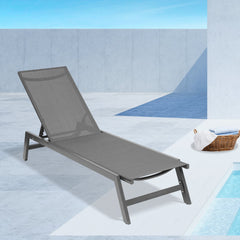 Outdoor Chaise Lounge Chair with 5-Position Adjustable Back, All Weather Aluminum Recliner, Grey