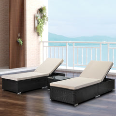 3 Pieces Outdoor Wicker Chaise Lounge Set with Coffee Table, White Cushions