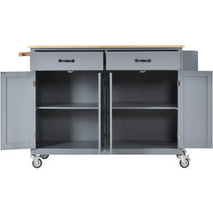 54.3" Kitchen Island Cart with Solid Wood Top, Locking Wheels, 4 Door Cabinets, Two Drawers, Spice Rack & Towel Rack, Grey Blue