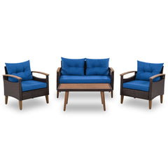 4-Piece Outdoor Sofa Set with Wood Table and Legs, Blue Cushions