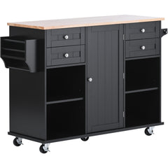 52.8" Width Kitchen Island Cart with Spice Rack, Towel Rack, Drawer, Rubber Wood Desktop & 5 Wheels Including 4 Lockable Wheels, Black