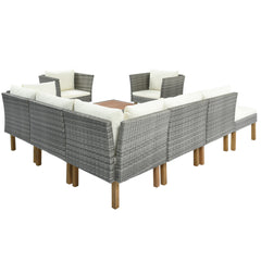 9-Piece Outdoor Gray Rattan Sofa Set with Wood Legs, Acacia Wood Tabletop, Armrest Chairs with Beige Cushions